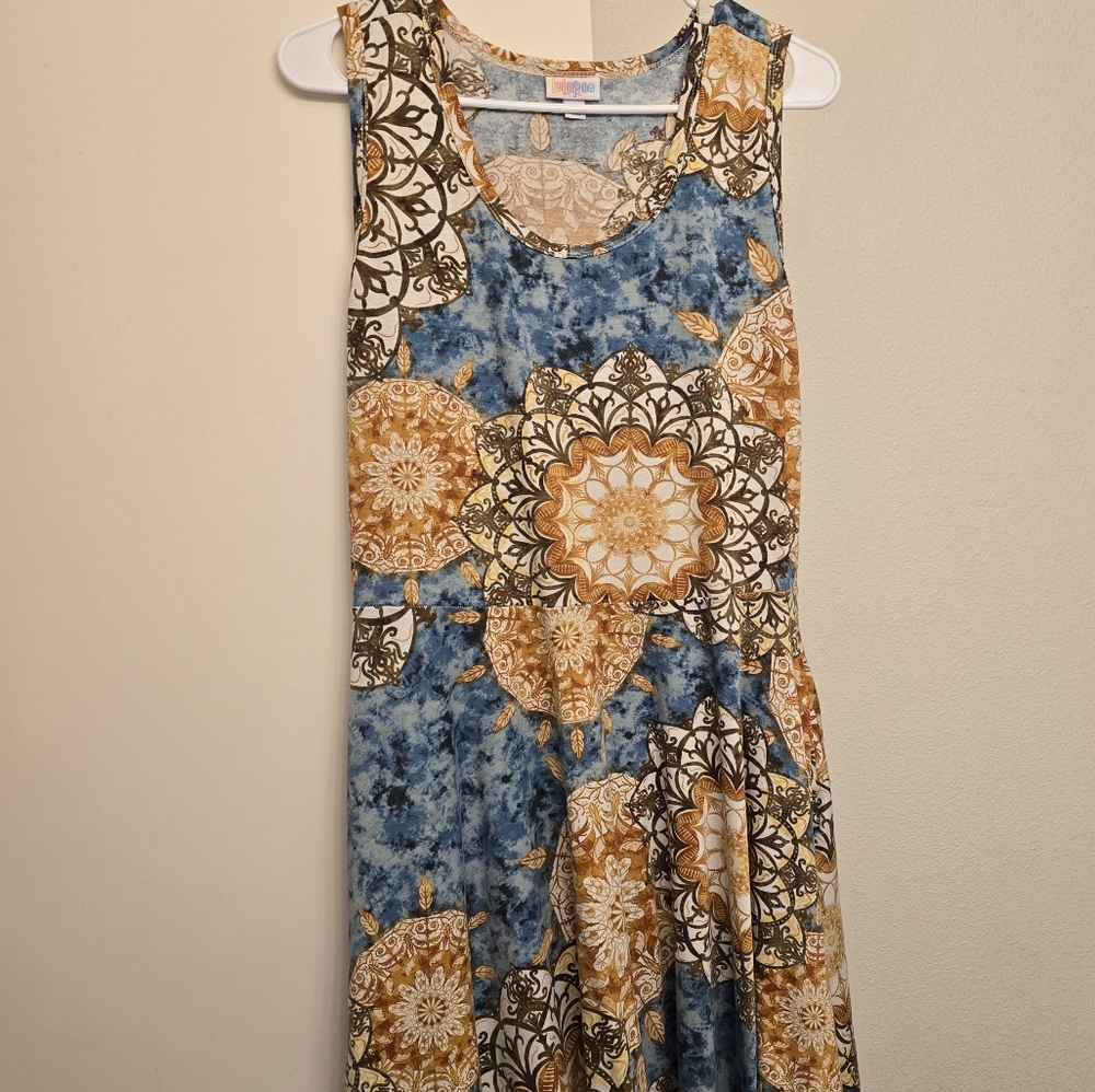 LuLaRoe Nicki dress size L large blue brown gold